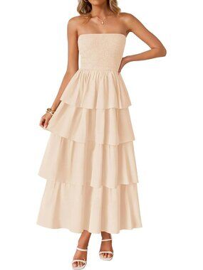 Women's Apricot Summer Boho Sleeveless Off Shoulder Strapless Long Maxi Dresses